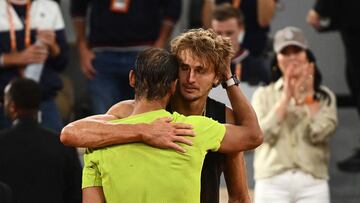 Germany&#039;s Alexander Zverev (R) embraces Spain&#039;s Rafael Nadal after being injured during his men&#039;s semi-final singles matchon day thirteen of the Roland-Garros Open tennis tournament at the Court Philippe-Chatrier in Paris on June 3, 2022. (
