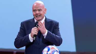 FIFA President Gianni Infantino addresses the Sport for Sustainable Development Summit ahead of the Paris Olympic games, at the Carrousel du Louvre in Paris, France, July 25, 2024. Andre Pain/Pool via REUTERS