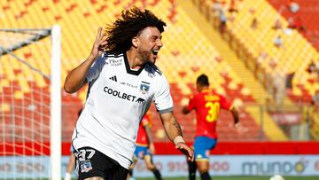 Futbol, Union Espanola vs Colo Colo. 
Fecha 1, Campeonato Nacional .
El jugador de Colo Colo Maximiliano Falcon celebra su gol contra de Union Espanola durante  el partido de primera division disputado en el estadio SEK Santa Laura Santiago, Chile.
17/02/24
Felipe Zanca/Photosport

Football, Union Espanola vs Colo Colo 
1nd turn, 2024 National Championship.
Colo Colo«s player Maximiliano Falcon celebrates his  the goal against  from Union Espanola during the first division match played at the SEK Santa Laura Santiago stadium, Chile.
17/02/24
Felipe Zanca/Photosport