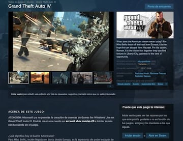 Estado actual de la página dedicada a GTA IV en Steam