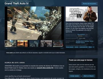 Estado actual de la p¨¢gina dedicada a GTA IV en Steam