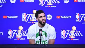 SAN FRANCISCO, CA - JUNE 4: Jayson Tatum #0 of the Boston Celtics talks speaks at a press conference during 2022 NBA Finals Practice and Media Availability on June 4, 2022 at Chase Center in San Francisco, California. NOTE TO USER: User expressly acknowledges and agrees that, by downloading and or using this photograph, user is consenting to the terms and conditions of Getty Images License Agreement. Mandatory Copyright Notice: Copyright 2022 NBAE (Photo by Noah Graham/NBAE via Getty Images)