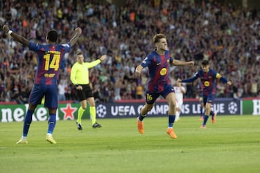 Balde cambia hacia Fermín y este le llega el balón a Lamine Yamal. El español entra al área, deja a un defensor y a Tzolakis en el suelo, y la fortuna le cae a Fermín, pues el balón suelto lo mete a la red con ayuda de dos toques en jugadores visitantes.