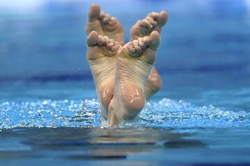 Estos pies que emergen del agua en perfecta armonía pertenecen a las nadadoras ucranianas Marta Fiedina
y Anastasia Savchuk. Tan original y curiosa imagen fue captada por la cámara de un fotógrafo durante el dueto
preliminar libre de natación artística, en la segunda jornada de los Europeos de deportes acuáticos de Budapest.
