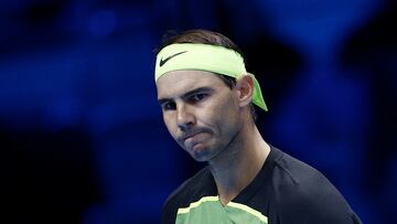 Tennis - ATP Finals Turin - Pala Alpitour, Turin, Italy - November 15, 2022 Spain's Rafael Nadal reacts during his group stage match against Canada's Felix Auger Aliassime REUTERS/Guglielmo Mangiapane