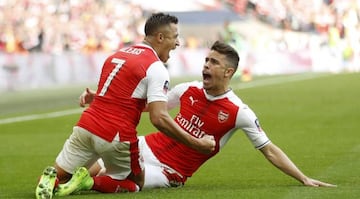 Britain Football Soccer - Arsenal v Manchester City - FA Cup Semi Final - Wembley Stadium - 23/4/17 Arsenal's Alexis Sanchez celebrates scoring their second goal with Gabriel Paulista Action Images via Reuters / Carl Recine Livepic