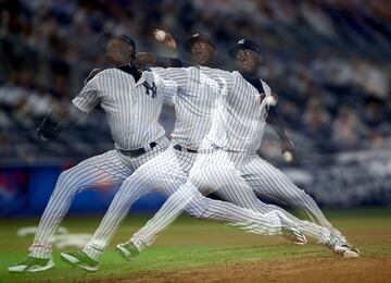 Curioso efecto debido a la múltiple exposición. En la imagen, Aroldis Chapman de los New York Yankees.