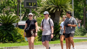 Un termómetro marca 45 grados a las 14:00 de la tarde junto a unos turistas paseando, a 19 de julio de 2024, en Sevilla, Andalucía (España). La primera ola de calor del verano pone en alerta a Sevilla por altas temperaturas, tanto en la campiña como en la sierra norte.
19 JULIO 2024
Francisco J. Olmo / Europa Press
19/07/2024