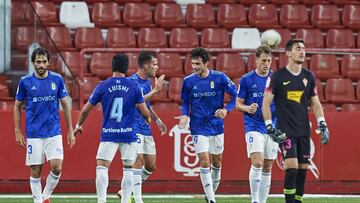 GIJON, SPAIN - JUNE 22:  Borja Sanchez of Real Oviedo celebrates after scoring goal during the La Liga Smartbank match between Sporting de Gijon and Real Oviedo at El Molinon on June 22, 2020 in Gijon, Spain. (Photo by Juan Manuel Serrano Arce/Getty Image