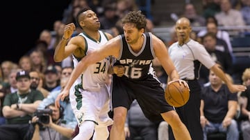 Dec 5, 2016; Milwaukee, WI, USA;  San Antonio Spurs center Pau Gasol (16) backs down on Milwaukee Bucks forward Giannis Antetokounmpo during the second quarter at BMO Harris Bradley Center. Mandatory Credit: Jeff Hanisch-USA TODAY Sports