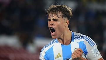 Mateo Silvetti celebrates his goal 1-0 of Argentina during FIFA U-20 Mens World Cup Chile 2025 match between Argentina and Colombia as part Semi-final at Nacional Julio Martinez Pradanos Stadium, on October 15, 2025 in Santiago de Chile, Chile.