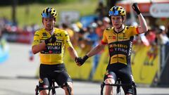 PLATEAU DE SALAISON, FRANCE - JUNE 12: (L-R) Race winner Primoz Roglic of Slovenia Yellow Leader Jersey and stage winner Jonas Vingegaard Rasmussen of Denmark and Team Jumbo - Visma celebrate at finish line during the 74th Criterium du Dauphine 2022 - Stage 8 a 138,8km stage from Saint-Alban-Leysse to Plateau de Salaison 1495m / #WorldTour / #Dauphiné / on June 12, 2022 in Plateau de Salaison, France. (Photo by Dario Belingheri/Getty Images)