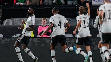 Germany's defender Antonio Rudiger #02 celebrates scoring his team's first goal during the international friendly match between Germany and Mexico at Lincoln Financial Field stadium in Philadelphia on October 17, 2023. (Photo by EDUARDO MUNOZ / AFP)
