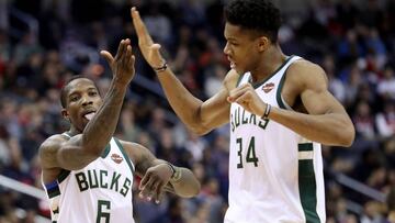 WASHINGTON, DC - JANUARY 6: Eric Bledsoe #6 celebrates with Giannis Antetokounmpo #34 of the Milwaukee Bucks after hitting a three pointer in the fourth quarter against the Washington Wizards during the Bucks 110-103 win at Capital One Arena on January 6, 2018 in Washington, DC. NOTE TO USER: User expressly acknowledges and agrees that, by downloading and or using this photograph, User is consenting to the terms and conditions of the Getty Images License Agreement. Rob Carr/Getty Images/AFP
== FOR NEWSPAPERS, INTERNET, TELCOS & TELEVISION USE ONLY ==
