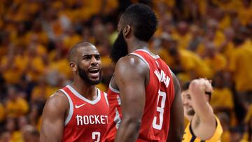 SALT LAKE CITY, UT - MAY 06: Chris Paul #3 of the Houston Rockets talks with teammate James Harden #13 after Harden was fouled shooting a basket in the second half during Game Four of Round Two of the 2018 NBA Playoffs against the Utah Jazz at Vivint Smart Home Arena on May 6, 2018 in Salt Lake City, Utah. The Rockets beat the Jazz 100-87. NOTE TO USER: User expressly acknowledges and agrees that, by downloading and or using this photograph, User is consenting to the terms and conditions of the Getty Images License Agreement.   Gene Sweeney Jr./Getty Images/AFP
 == FOR NEWSPAPERS, INTERNET, TELCOS &amp; TELEVISION USE ONLY ==