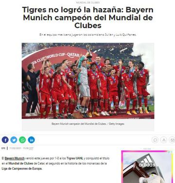 En la página de Caracol se pudo leer la decepción tras la derrota de Tigres y resaltaron de igual manera el título de los teutones