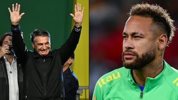 (COMBO) This combination of file pictures created on September 30, 2022, shows Brazilian President and re-election candidate Jair Bolsonaro (L) greeting supporters during a rally in Santos on September 27, 2022, and Brazil's forward Neymar (R) standing before the start of a friendly football match in Paris on September 27, 2022.