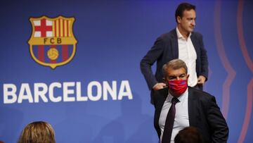Soccer Football - FC Barcelona's CEO Ferran Reverter Press Conference - 1899 Auditorium, Barcelona, Spain - October 6, 2021 FC Barcelona's CEO Ferran Reverter and president Joan Laporta attend a press conference to present the results of th