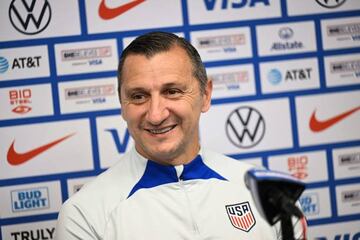 Vlatko Andonovski, head coach of the US Womens National Team, speaks during press conference ahead of the US vs Brazil match in the SheBelives Cup at Toyota Stadium on February 21, 2023 in Frisco, Texas. (Photo by Patrick T. Fallon / AFP) (Photo by PATRICK T. FALLON/AFP via Getty Images)