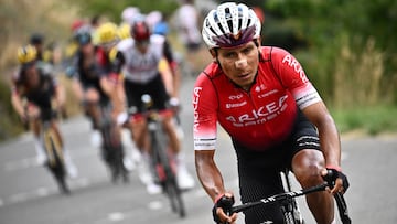 (FILES) In this file photo taken on July 13, 2022 Team Arkea-Samsic team's Colombian rider Nairo Quintana cycles in the ascent of the Col du Granon Serre Chevalier during the final kilometers the 11th stage of the 109th edition of the Tour de France cycling race, 151,7 km between Albertville and Col du Granon Serre Chevalier, in the French Alps. - Team Arkea-Samsic team's Colombian rider Nairo Quintana was disqualified from the 2022 Tour de France cycling race, in which he had finished in overall sixth place, for a medical infraction, the International Cycling Union (UCI) announced on August 17, 2022. UCI reports that Quintana was disqualified for the use of banned susbtance tramadol, though it does not violate anti-doping regulations. (Photo by Marco BERTORELLO / AFP)