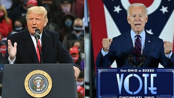 Donald Trump en el Aeropuerto Regional Manchester-Boston en Londonderry, New Hampshire el 25 de octubre de 2020 y Joe Biden en Cincinnati, Ohio, el 12 de octubre de 2020.