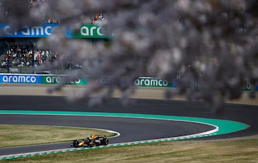 Max Verstappen en acción visto desde debajo de un cerezo en flor. El piloto neerlandés dominó la carrera y no tuvo rival para pelearle la primera posición.