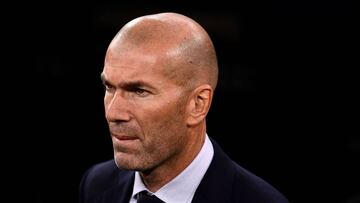 Real Madrid's French coach Zinedine Zidane looks on during the Spanish league football match between Real Madrid CF and Club Deportivo Leganes SAD at the Santiago Bernabeu stadium in Madrid on October 30, 2019. (Photo by OSCAR DEL POZO / AFP)