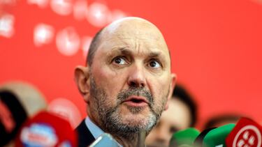Newly elected Royal Spanish Football Federation president Rafael Louzan speaks to the media after being elected at the Ciudad del Futbol in Las Rozas, outside Madrid, on December 16, 2024. (Photo by OSCAR DEL POZO / AFP)