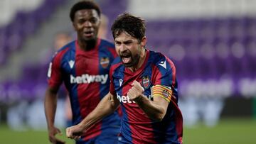 , SPAIN - JANUARY 26: Coke of Levante Celebrates 1-3 during the Spanish Copa del Rey  match between Real Valladolid v Levante on January 26, 2021 (Photo by David S. Bustamante/Soccrates/Getty Images)