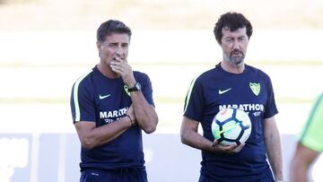 Michel y Mandía durante el entrenamiento del Málaga.