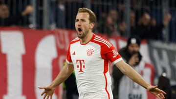 Bayern Munich's English forward #09 Harry Kane celebrates scoring his team's 2:0 during the German first division Bundesliga football match between Bayern Munich and VfB Stuttgart in Munich, southern Germany, on December 17, 2023. (Photo by MICHAELA REHLE / AFP) / DFL REGULATIONS PROHIBIT ANY USE OF PHOTOGRAPHS AS IMAGE SEQUENCES AND/OR QUASI-VIDEO