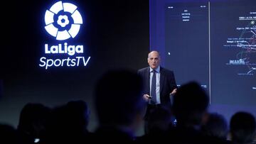 El presidente de LaLiga de f&uacute;tbol, Javier Tebas, asiste a la presentaci&oacute;n de su nueva plataforma OTT (televisi&oacute;n por internet), LaLigaSportsTV, este lunes en Madrid.