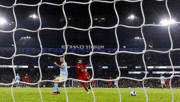 Soccer Football - Carabao Cup - Round of 16 - Manchester City v Liverpool - Etihad Stadium, Manchester, Britain - December 22, 2022 Liverpool's Mohamed Salah scores their second goal Action Images via Reuters/Jason Cairnduff EDITORIAL USE ONLY. No use with unauthorized audio, video, data, fixture lists, club/league logos or 'live' services. Online in-match use limited to 75 images, no video emulation. No use in betting, games or single club /league/player publications. Please contact your account representative for further details.