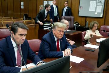 FILE PHOTO: Republican presidential candidate, former U.S. President Donald Trump attends trial at Manhattan Criminal Court on Monday, April 15, 2024 in New York City, U.S. Michael Nagle/Pool via REUTERS/File Photo