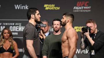 Islam Makhachev y Arman Tsarukyan, en el cara a cara de su primera pelea.