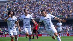    Rodrigo Lopez celebrates his goal 1-0 of Pumas during the 11th round match between Pumas UNAM and Tijuana as part of the Torneo Clausura 2024 Liga BBVA MX at Olimpico Universitario Stadium on March 10, 2024 in Mexico City, Mexico.