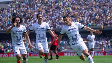 Rodrigo Lopez celebrates his goal 1-0 of Pumas during the 11th round match between Pumas UNAM and Tijuana as part of the Torneo Clausura 2024 Liga BBVA MX at Olimpico Universitario Stadium on March 10, 2024 in Mexico City, Mexico.