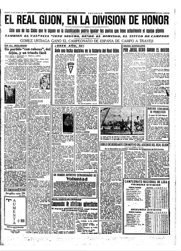 Página del periódico 'Voluntad', de Gijón, informando del primer ascenso del Sporting.