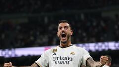 Real Madrid's Spanish forward #14 Joselu celebrates scoring his team's second goal during the Spanish Liga football match betweem Real Madrid and Real Sociedad at at the Santiago Bernabeu stadium in Madrid on September 17, 2023. (Photo by Pierre-Philippe MARCOU / AFP)