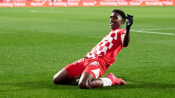 GIRONA, SPAIN - FEBRUARY 03: Yaser Asprilla of Girona FC celebrates after scoring his team's second goal during the LaLiga match between Girona FC and UD Las Palmas at Montilivi Stadium on February 03, 2025 in Girona, Spain. (Photo by Alex Caparros/Getty Images)