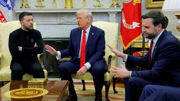 U.S. President Donald Trump meets with Ukrainian President Volodymyr Zelenskiy as U.S. Vice President JD Vance reacts at the White House in Washington, D.C., U.S., February 28, 2025. REUTERS/Brian Snyder