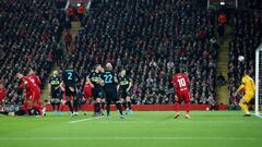 Soccer Football - Champions League - Round of 16 Second Leg - Liverpool v Inter Milan - Anfield, Liverpool, Britain - March 8, 2022 Liverpool&#039;s Joel Matip heads at goal Action Images via Reuters/Carl Recine