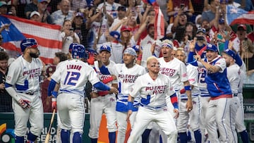 Miami (United States), 11/03/2023.- Players of Puerto Rico celebrate during the game during the 2023 World Baseball Classic match between Nicaragua and Puerto Rico at loanDepot park baseball stadium in Miami, Florida, USA, 11 March 2023. (Estados Unidos) EFE/EPA/CRISTOBAL HERRERA-ULASHKEVICH