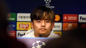 Real Sociedad's Japanese forward #14 Takefusa Kubo gives a press conference on the eve of their UEFA Champions League last 16 second leg football match against Paris Saint-Germain (PSG) at the Reale Arena stadium in San Sebastian on March 4, 2024. (Photo by Ander GILLENEA / AFP)