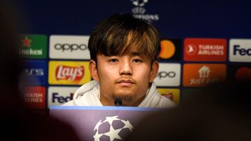 Real Sociedad's Japanese forward #14 Takefusa Kubo gives a press conference on the eve of their UEFA Champions League last 16 second leg football match against Paris Saint-Germain (PSG) at the Reale Arena stadium in San Sebastian on March 4, 2024. (Photo by Ander GILLENEA / AFP)