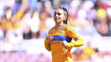 Mariza Nascimento of Tigres during the friendly match between America and Tigres UANL as part the Golden Clash Womens at Donald W. Reynolds Razorback Stadium, on March 28, 2026 in Fayetteville, Arkansas, United States.
