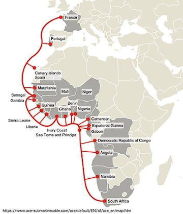 El cable oce&aacute;nico ACE que da soporte a todo el Oeste de &Aacute;frica