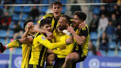 La piña de celebración con Bebé por su providencial gol en Andorra.