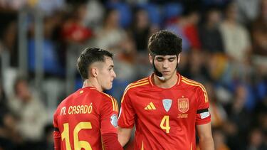 SANTA CRUZ DE TENERIFE, SPAIN - NOVEMBER 18: Marc Casado and Pau Cubarsi of Spain interact during the UEFA Nations League 2024/25 League A Group A4 match between Spain and Switzerland at El Heliodoro Rodriguez Lopez stadium on November 18, 2024 in Santa Cruz de Tenerife, Spain. (Photo by David Ramos/Getty Images)