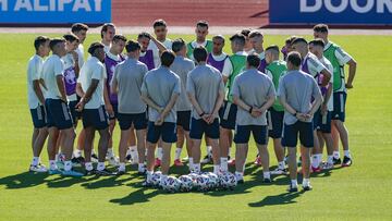 Luis Enrique habla con los internacionales espa&ntilde;oles en el entrenamiento de ayer en Las Rozas.
 